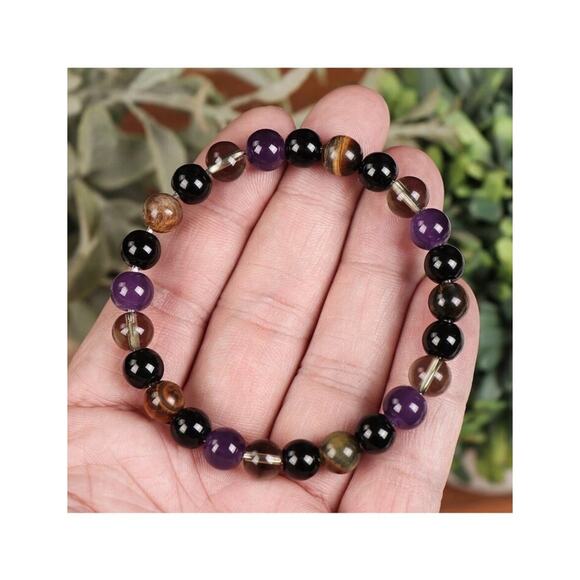 Natural Tiger Eye & Amethyst Beaded Bracelet, Stretchy Healing Crystal Bracelet - Picture 4 of 5
